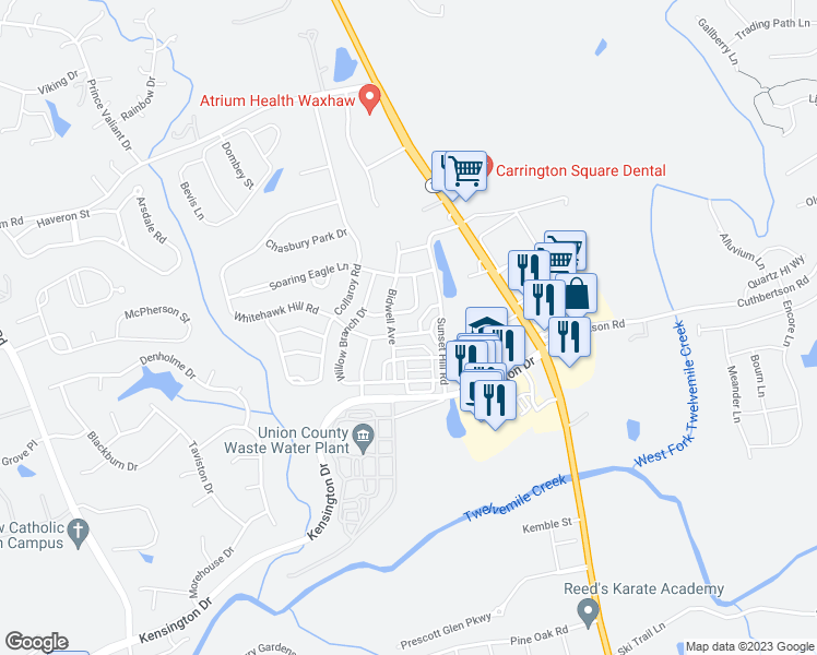 map of restaurants, bars, coffee shops, grocery stores, and more near 8020 Whitehawk Hill Road in Waxhaw