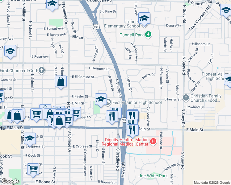 map of restaurants, bars, coffee shops, grocery stores, and more near 502 North Scott Drive in Santa Maria