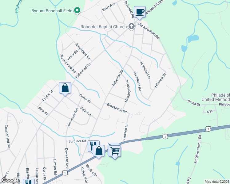 map of restaurants, bars, coffee shops, grocery stores, and more near 612 Roberdell Road in Rockingham