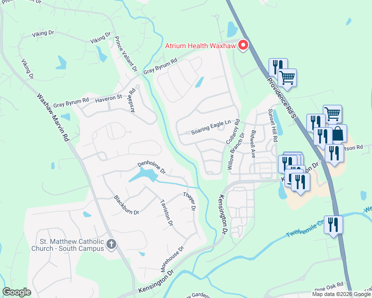 map of restaurants, bars, coffee shops, grocery stores, and more near 8512 Whitehawk Hill Road in Waxhaw
