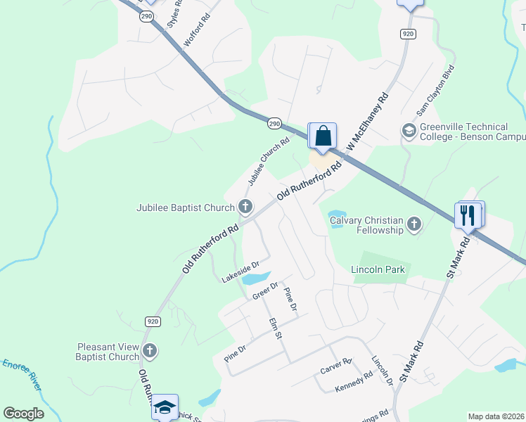 map of restaurants, bars, coffee shops, grocery stores, and more near 609 Old Rutherford Road in Taylors