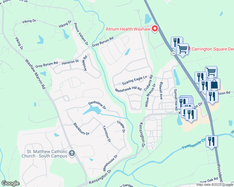 map of restaurants, bars, coffee shops, grocery stores, and more near 8513 Whitehawk Hill Road in Waxhaw