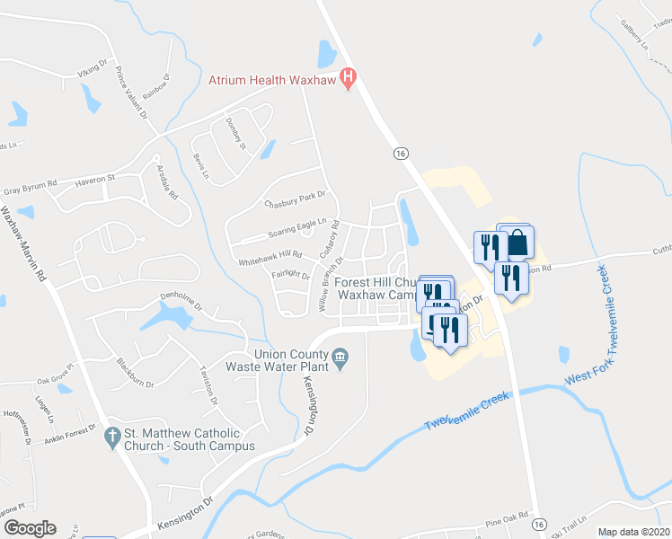 map of restaurants, bars, coffee shops, grocery stores, and more near 8214 Whitehawk Hill Road in Waxhaw