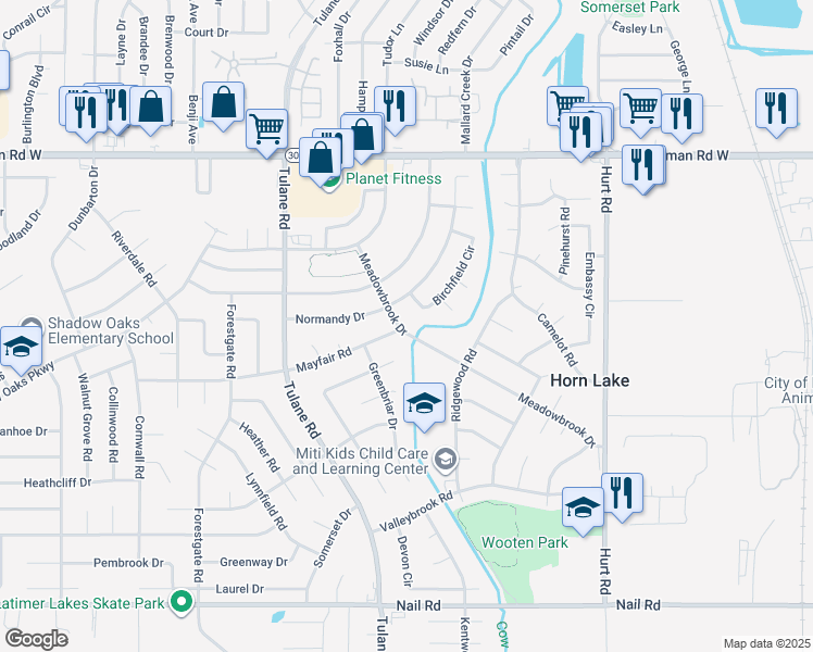 map of restaurants, bars, coffee shops, grocery stores, and more near 6992 Meadowbrook Drive in Horn Lake