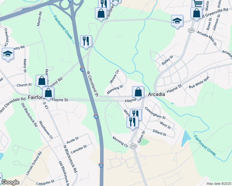 map of restaurants, bars, coffee shops, grocery stores, and more near 220 Manning Street in Spartanburg