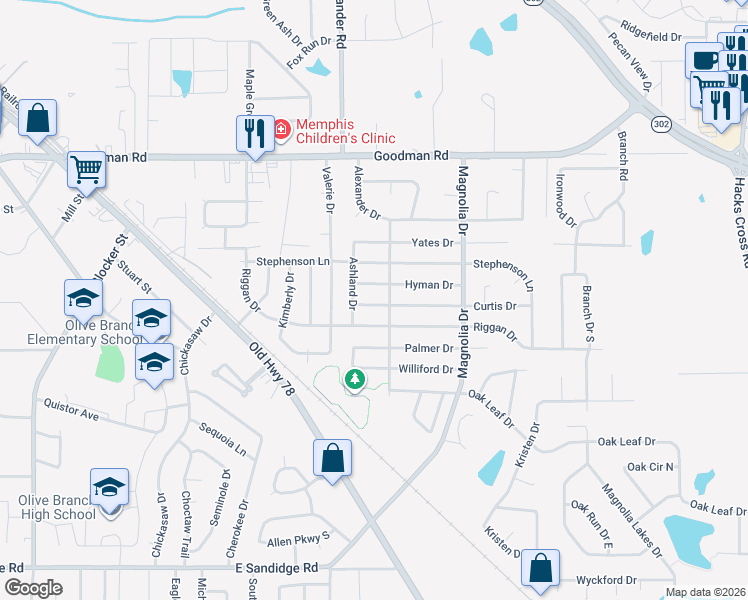 map of restaurants, bars, coffee shops, grocery stores, and more near 10101 Hyman Drive in Olive Branch