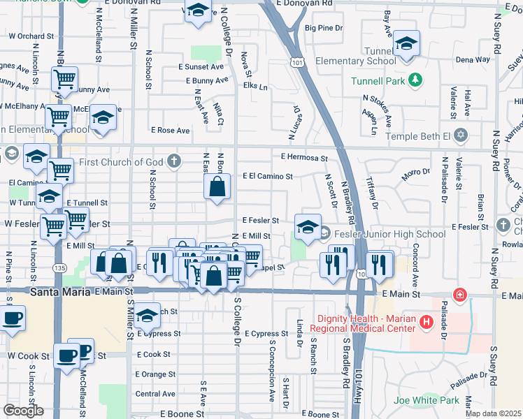 map of restaurants, bars, coffee shops, grocery stores, and more near 841 East Tunnell Street in Santa Maria