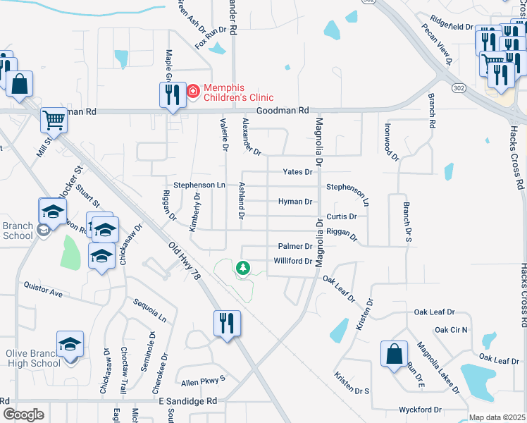map of restaurants, bars, coffee shops, grocery stores, and more near 10101 Hyman Drive in Olive Branch