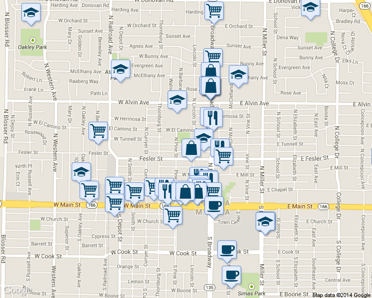 map of restaurants, bars, coffee shops, grocery stores, and more near 218 West Tunnell Street in Santa Maria