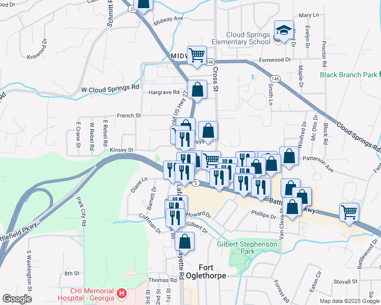 map of restaurants, bars, coffee shops, grocery stores, and more near 2181 Lafayette Road in Fort Oglethorpe