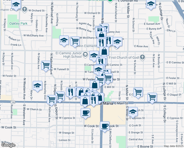 map of restaurants, bars, coffee shops, grocery stores, and more near 218 West Tunnell Street in Santa Maria