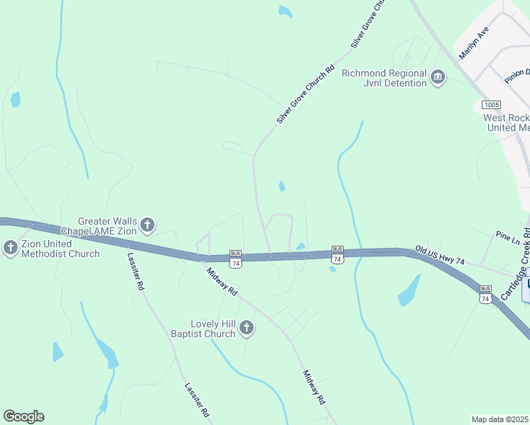 map of restaurants, bars, coffee shops, grocery stores, and more near 130 Silver Grove Church Road in Rockingham