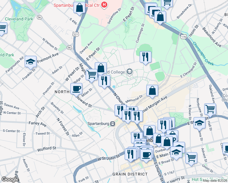 map of restaurants, bars, coffee shops, grocery stores, and more near 427 North Church Street in Spartanburg