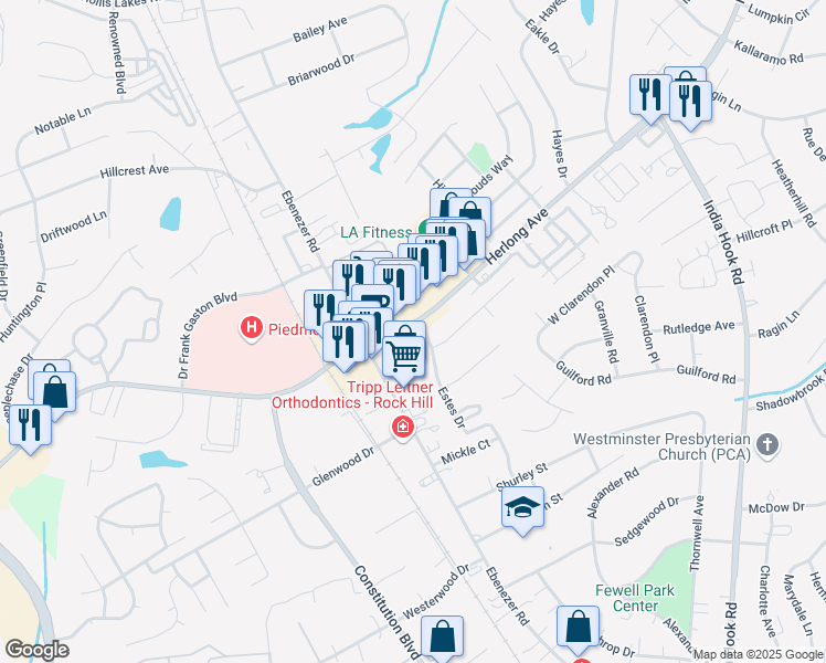 map of restaurants, bars, coffee shops, grocery stores, and more near 150 Herlong Avenue in Rock Hill