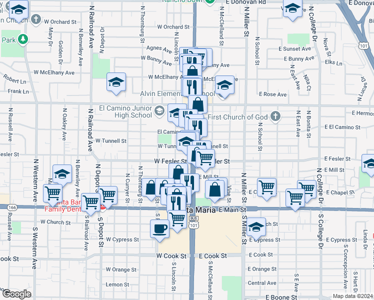 map of restaurants, bars, coffee shops, grocery stores, and more near 112 West Tunnell Street in Santa Maria