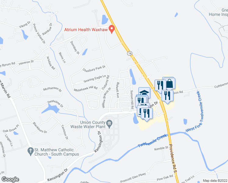 map of restaurants, bars, coffee shops, grocery stores, and more near 3109 Scottcrest Way in Waxhaw