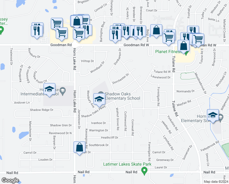 map of restaurants, bars, coffee shops, grocery stores, and more near 3840 Lakehurst Drive in Horn Lake