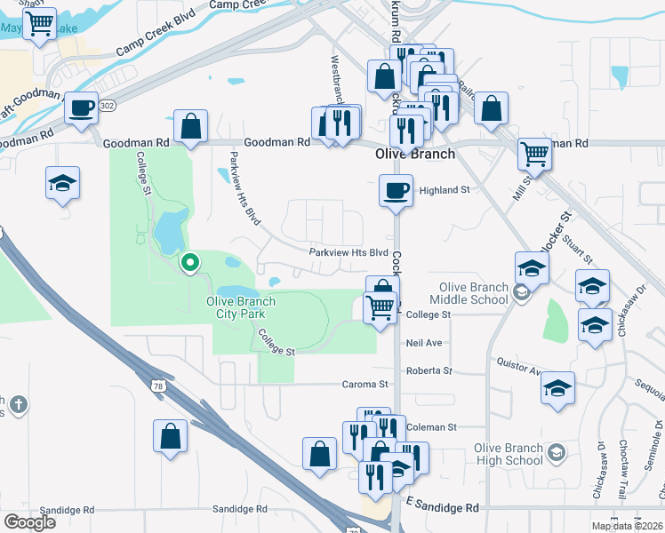 map of restaurants, bars, coffee shops, grocery stores, and more near 8894 Parkview Oaks Circle in Olive Branch