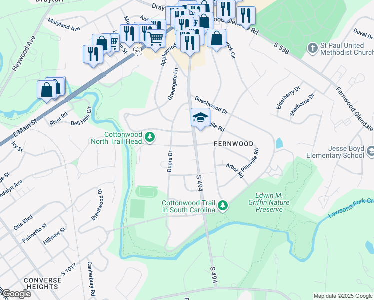 map of restaurants, bars, coffee shops, grocery stores, and more near 96 Emory Road in Spartanburg