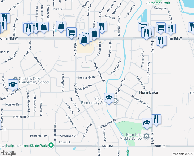 map of restaurants, bars, coffee shops, grocery stores, and more near 3015 Normandy Drive in Horn Lake
