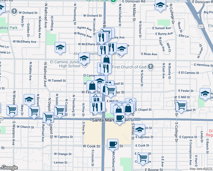 map of restaurants, bars, coffee shops, grocery stores, and more near 113 East Tunnell Street in Santa Maria
