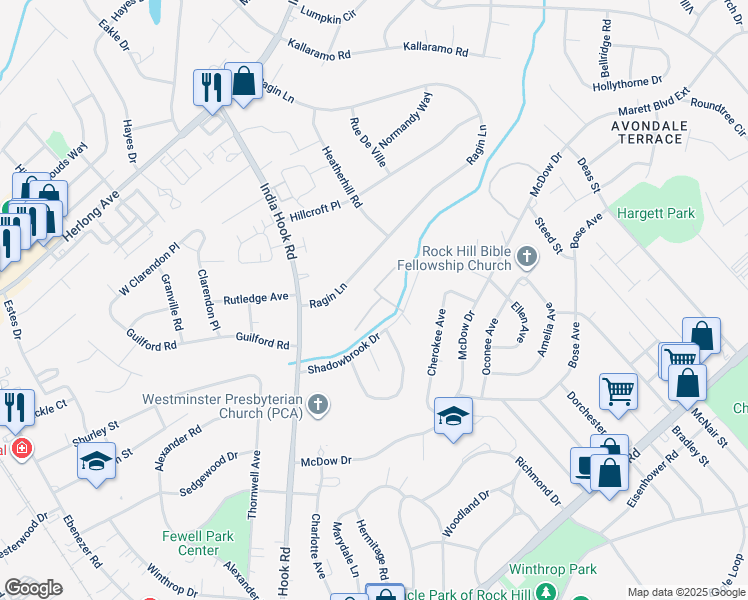 map of restaurants, bars, coffee shops, grocery stores, and more near 802 Bridgewood Drive in Rock Hill