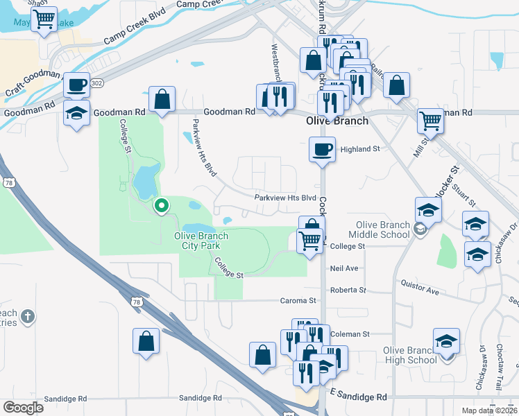 map of restaurants, bars, coffee shops, grocery stores, and more near 8764 Parkview Oaks Circle in Olive Branch