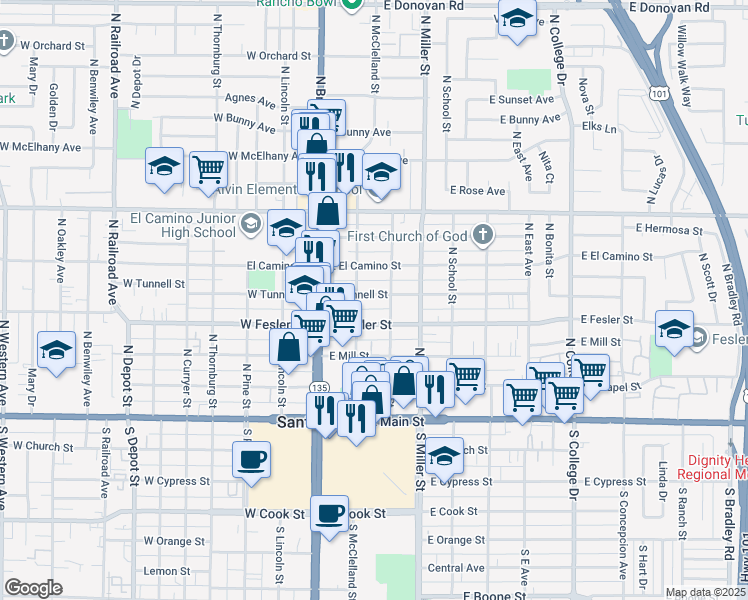 map of restaurants, bars, coffee shops, grocery stores, and more near 214 East Tunnell Street in Santa Maria