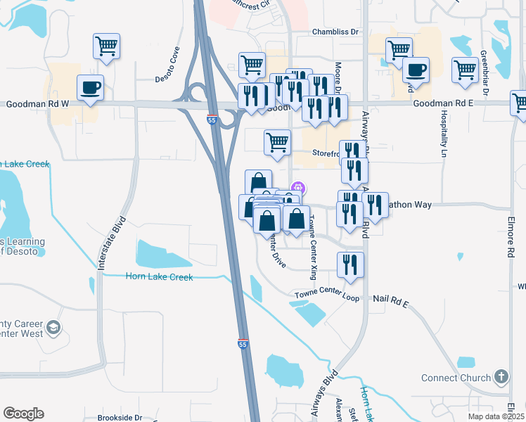 map of restaurants, bars, coffee shops, grocery stores, and more near 6620 Towne Center Loop in Southaven