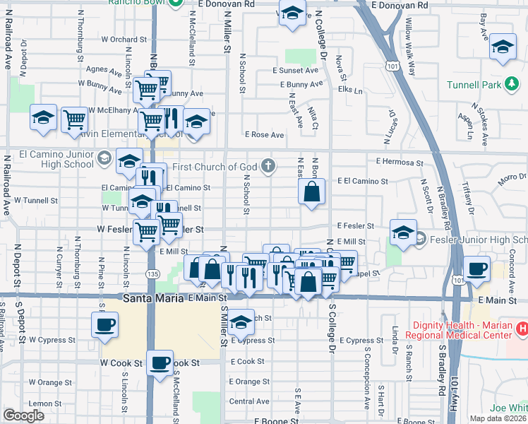 map of restaurants, bars, coffee shops, grocery stores, and more near 520 East Tunnell Street in Santa Maria
