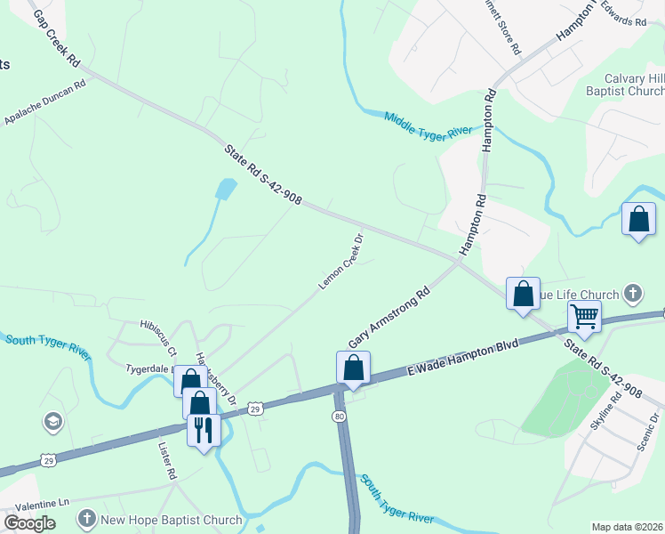 map of restaurants, bars, coffee shops, grocery stores, and more near 120 Lemon Creek Drive in Lyman