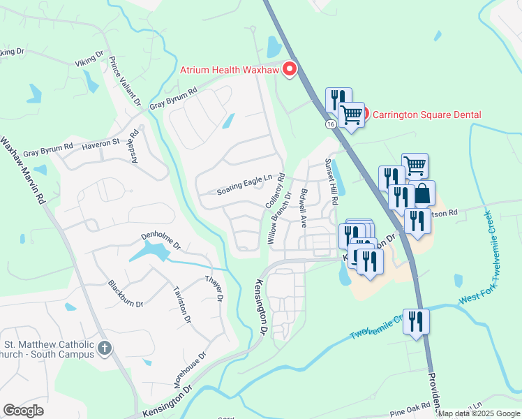 map of restaurants, bars, coffee shops, grocery stores, and more near 3100 Collaroy Road in Waxhaw