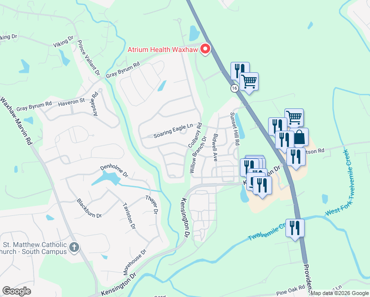 map of restaurants, bars, coffee shops, grocery stores, and more near 8407 Whitehawk Hill Road in Waxhaw