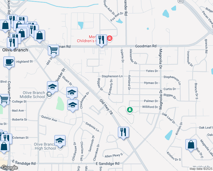 map of restaurants, bars, coffee shops, grocery stores, and more near 6654 Pleasant Acres Drive in Olive Branch