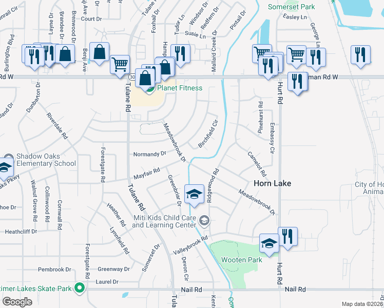 map of restaurants, bars, coffee shops, grocery stores, and more near 6992 Meadowbrook Drive in Horn Lake