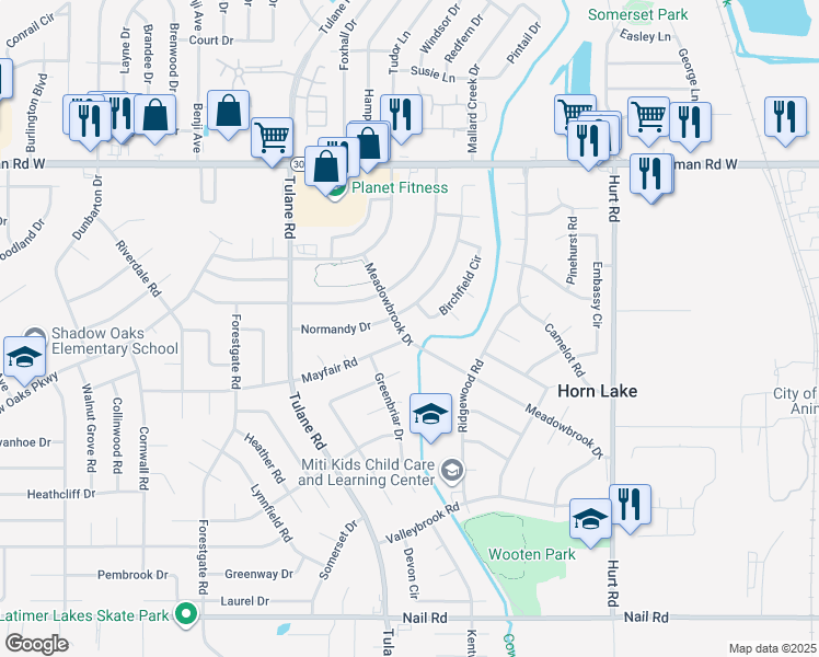 map of restaurants, bars, coffee shops, grocery stores, and more near 6992 Meadowbrook Drive in Horn Lake