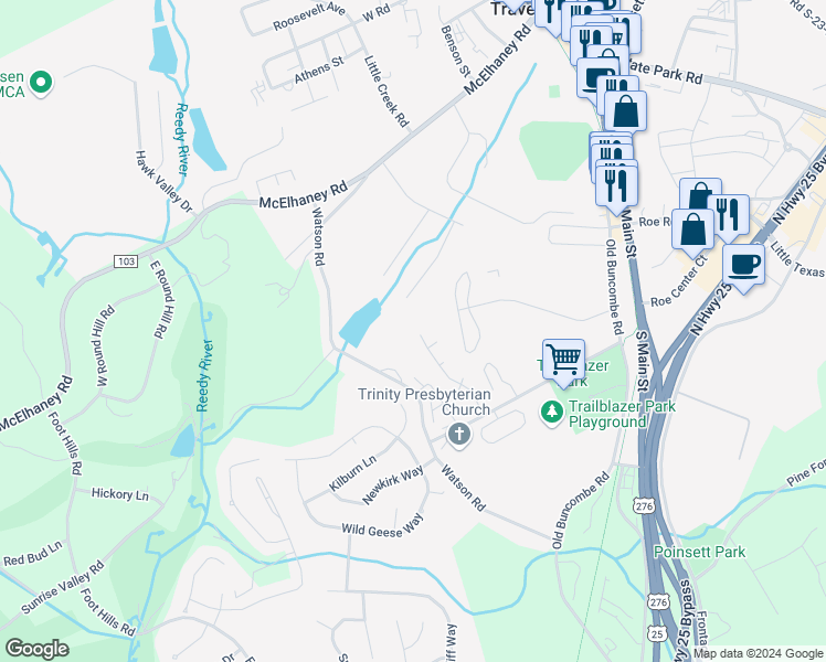 map of restaurants, bars, coffee shops, grocery stores, and more near 309 Southcreek Drive in Travelers Rest