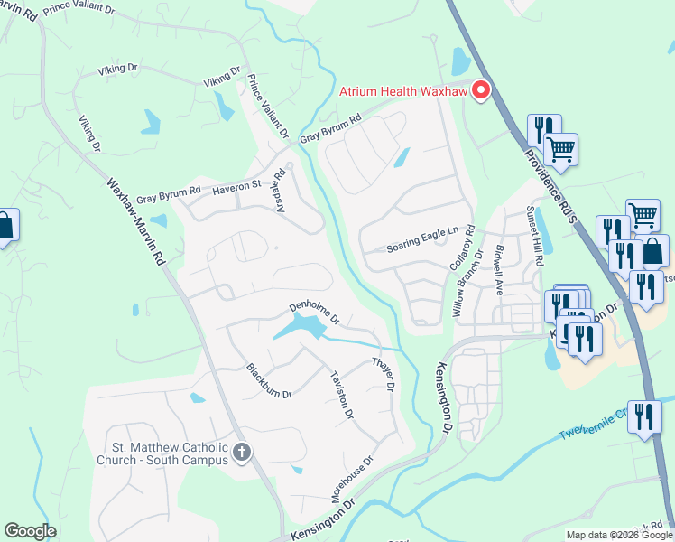 map of restaurants, bars, coffee shops, grocery stores, and more near 3524 McPherson Street in Waxhaw