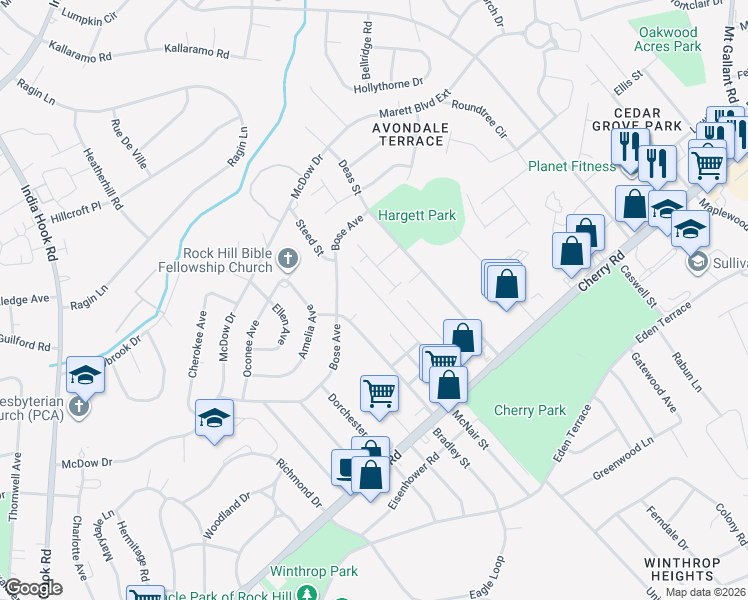 map of restaurants, bars, coffee shops, grocery stores, and more near 1097 Cherry Meadow Lane in Rock Hill