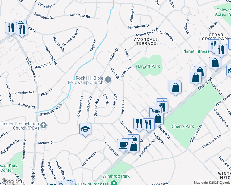 map of restaurants, bars, coffee shops, grocery stores, and more near 1334 Amelia Avenue in Rock Hill