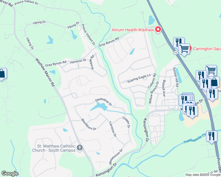 map of restaurants, bars, coffee shops, grocery stores, and more near 3524 McPherson Street in Waxhaw