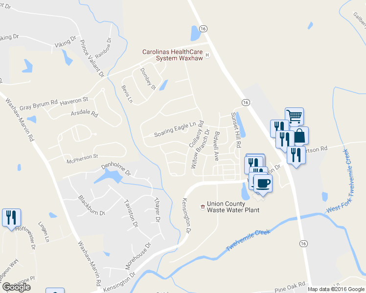 map of restaurants, bars, coffee shops, grocery stores, and more near 8407 Whitehawk Hill Road in Waxhaw