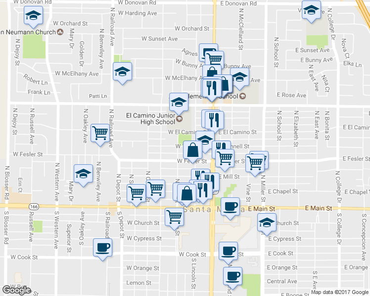 map of restaurants, bars, coffee shops, grocery stores, and more near 218 West Tunnell Street in Santa Maria