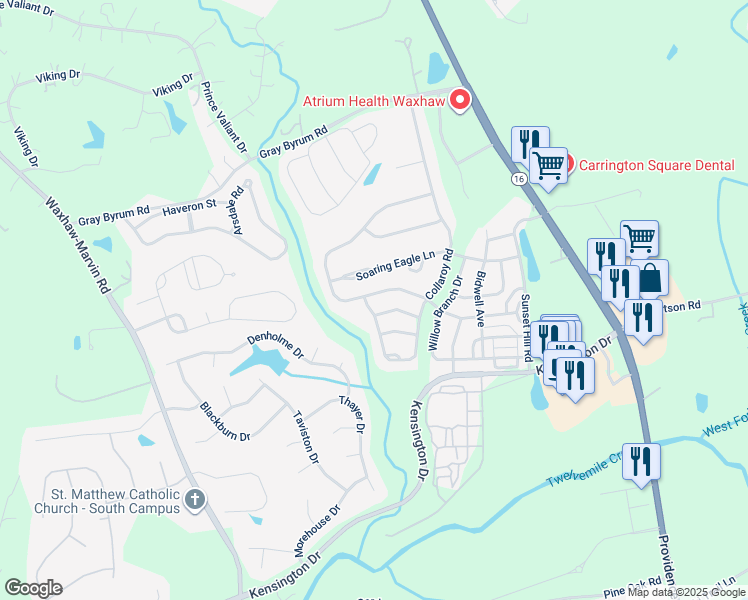 map of restaurants, bars, coffee shops, grocery stores, and more near 8443 Whitehawk Hill Road in Waxhaw