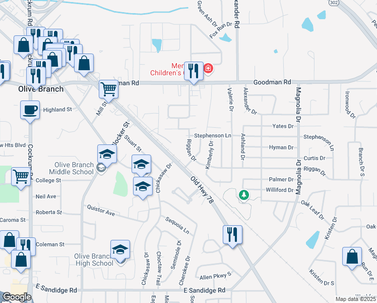 map of restaurants, bars, coffee shops, grocery stores, and more near 9787 Riggan Drive in Olive Branch