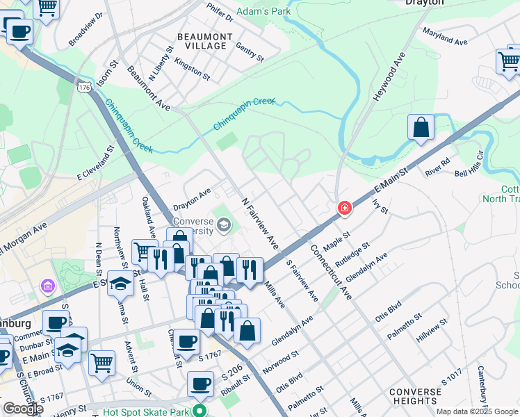 map of restaurants, bars, coffee shops, grocery stores, and more near 195 North Fairview Avenue in Spartanburg