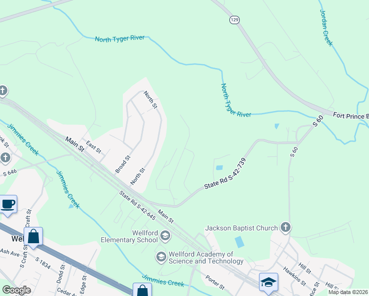 map of restaurants, bars, coffee shops, grocery stores, and more near 130 North Street in Wellford