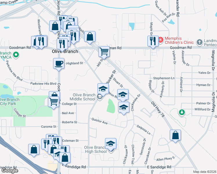 map of restaurants, bars, coffee shops, grocery stores, and more near 6676 Blocker Street in Olive Branch