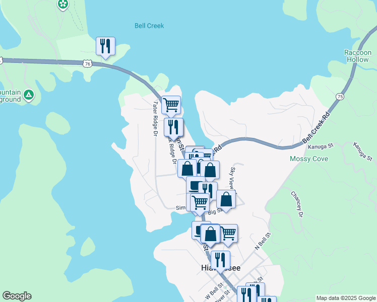 map of restaurants, bars, coffee shops, grocery stores, and more near 678 North Main Street in Hiawassee