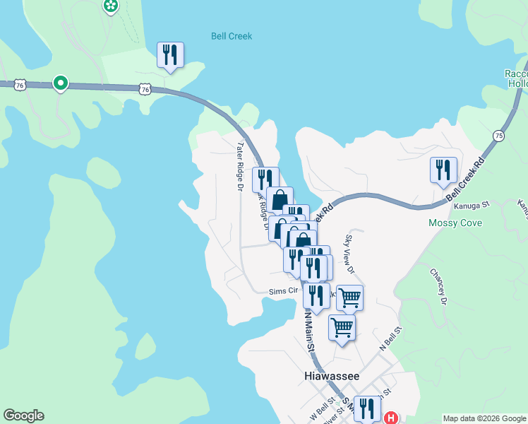 map of restaurants, bars, coffee shops, grocery stores, and more near 689 Oak Ridge Drive in Hiawassee